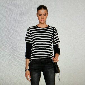 R13 Black & Ecru Stripe Double Thermal Tee